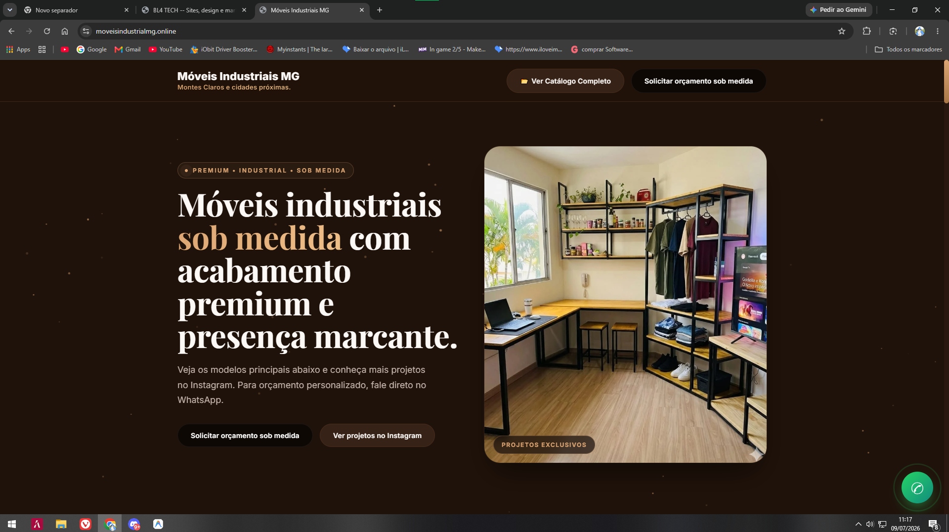 Home do site Móveis Industriais MG, com hero premium e produto em destaque