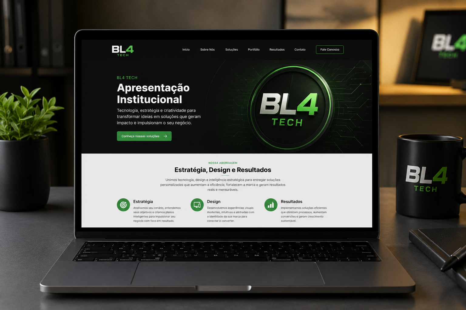 Mockup de site institucional com hero premium e seção de produtos